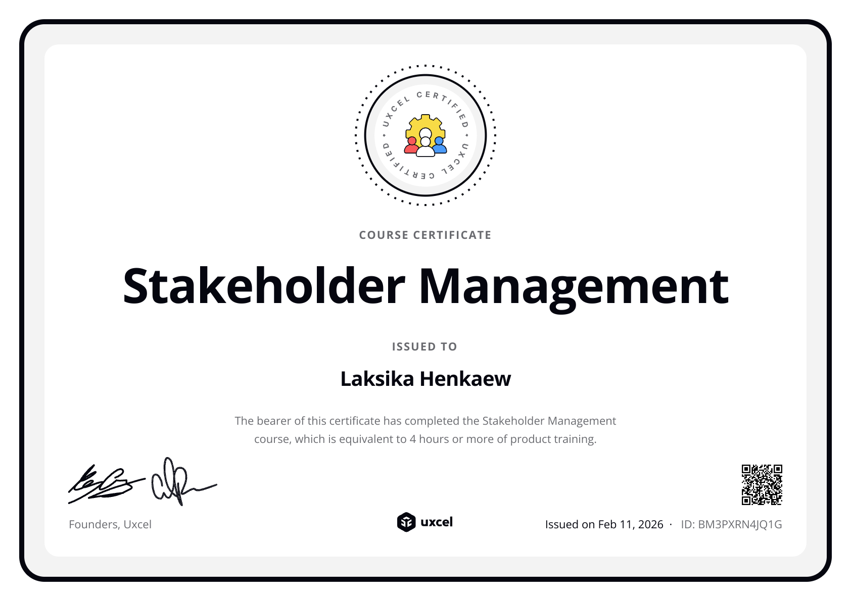 Laksika Henkaew's certificate